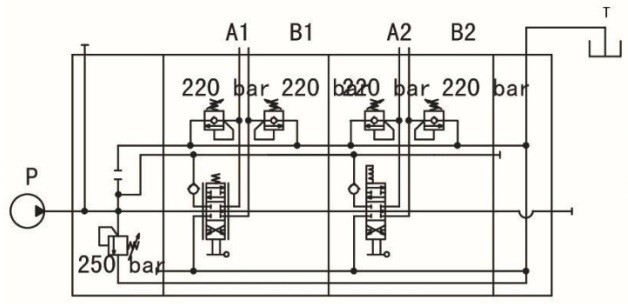 Гидросхема распределителя SDS180-2OT-PAB-G1/2TN-G3/4 (функциональная замена Walvoil 160 л.)